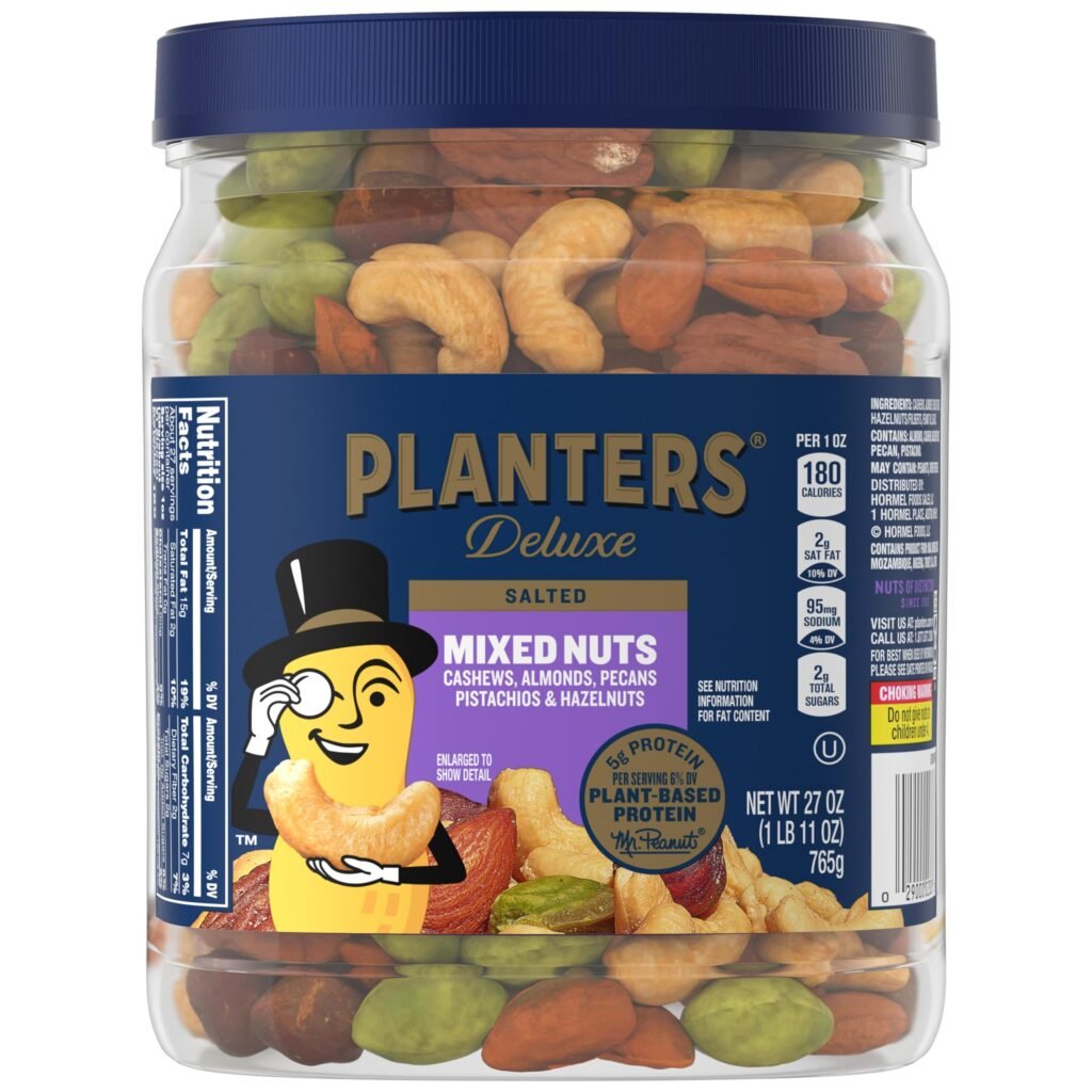 PLANTERS Deluxe Mixed Nuts with Sea Salt, 27 oz Resealable Container - Variety Mixed Nuts Snacks with Cashews, Almonds