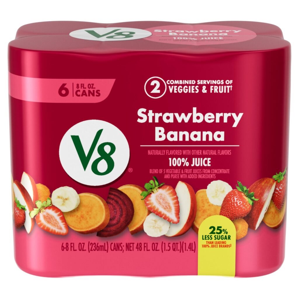 V8 Strawberry Banana 100% Fruit and Vegetable Juice, 8 fl oz Can, 6 Pack