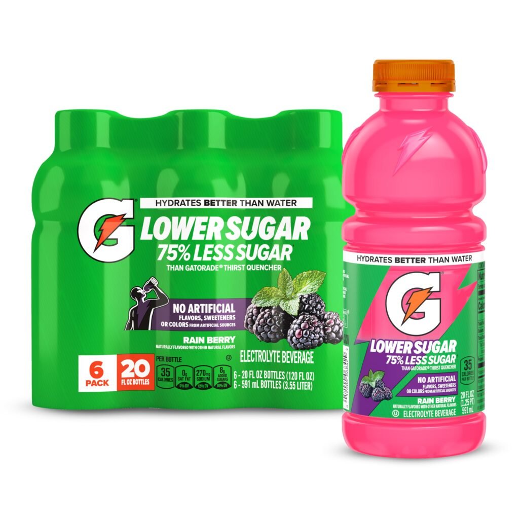 Gatorade Lower Sugar Electrolyte Sports Drink, Rain Berry, 75% Less Sugar, 20 fl oz Bottles, 6 Pack