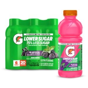 Gatorade Lower Sugar Electrolyte Sports Drink, Rain Berry, 75% Less Sugar, 20 fl oz Bottles, 6 Pack
