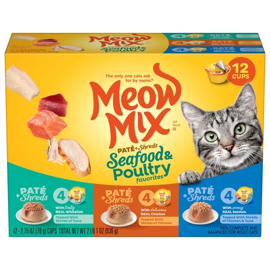 Meow Mix Pat & Shreds Wet Cat Food Variety Pack Seafood & Poultry Favorites Cup - 2.75 Ounce | Pack of 12