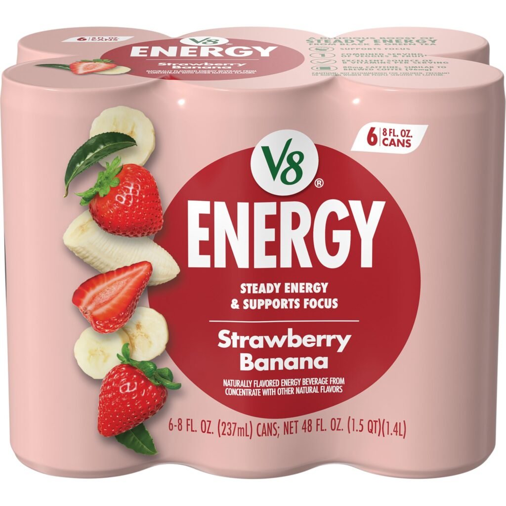 V8 +ENERGY Strawberry Banana Energy Drink, 8 FL OZ Can, Pack of 6