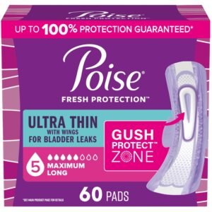 Poise Ultra Thin Incontinence & Postpartum Pads with Wings for Bladder Leaks, 5 Drop Maximum Absorbency, Long Length, 60 Count (Packaging May Vary)