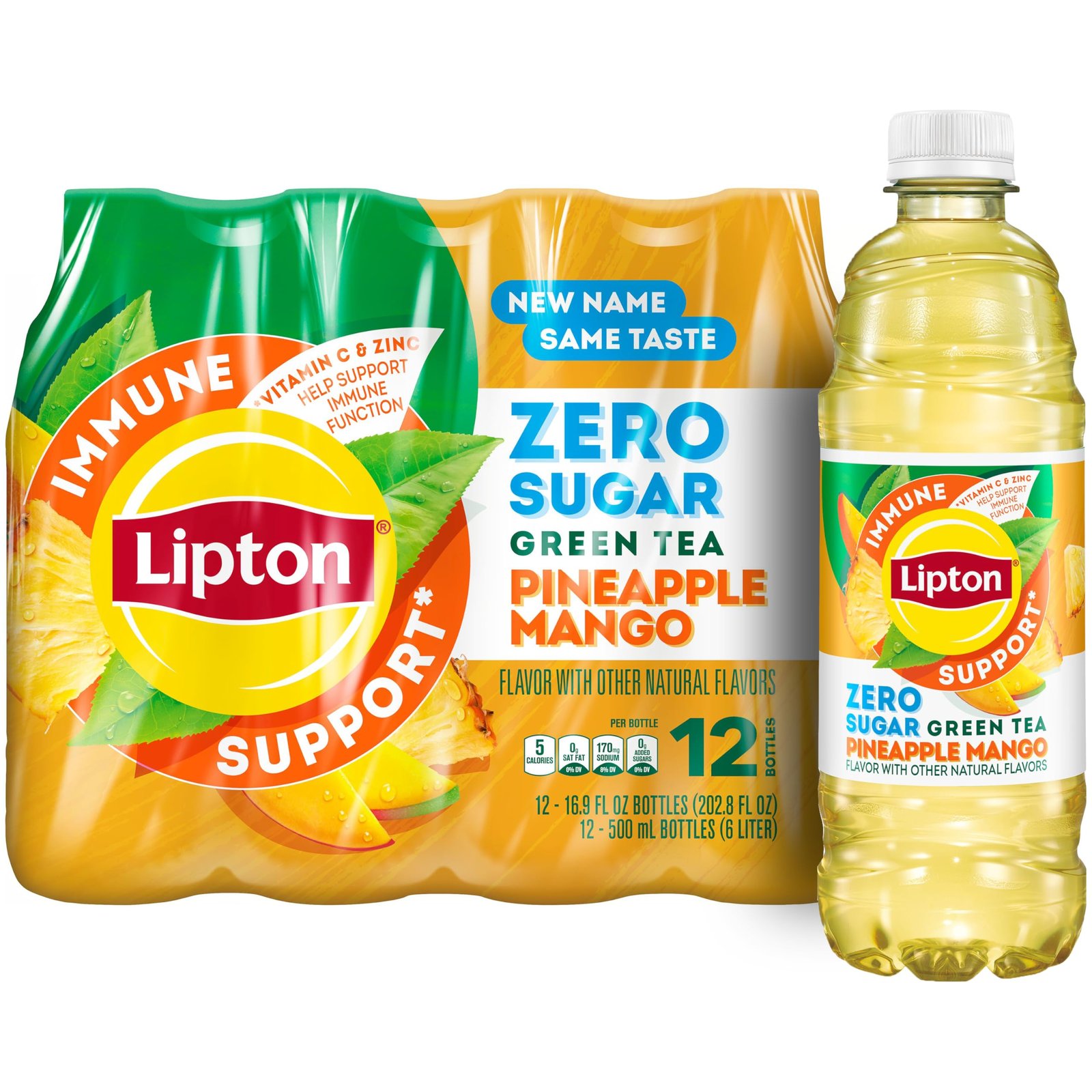 Lipton Immune Support Zero Sugar Iced Tea, Green Tea Pineapple Mango, Vitamin C, 16.9 fl oz Bottles, 12 Pack