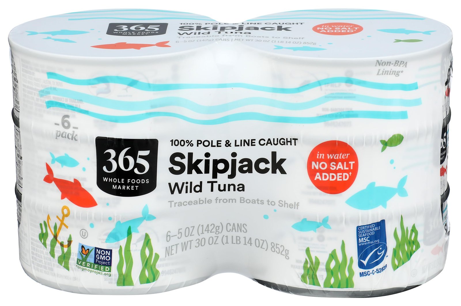 365 by Whole Foods Market, Skipjack Tuna in Water No Salt Added, 30 oz, 6 Pack