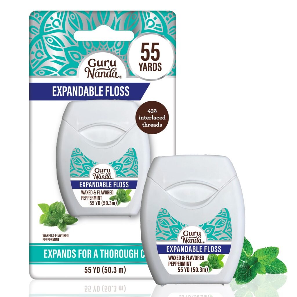 GuruNanda Expandable Waxed Dental Floss for Gentle, Deep Cleaning Wide Teeth Flossing - Peppermint Flavor - 55 Yards, 1 Count