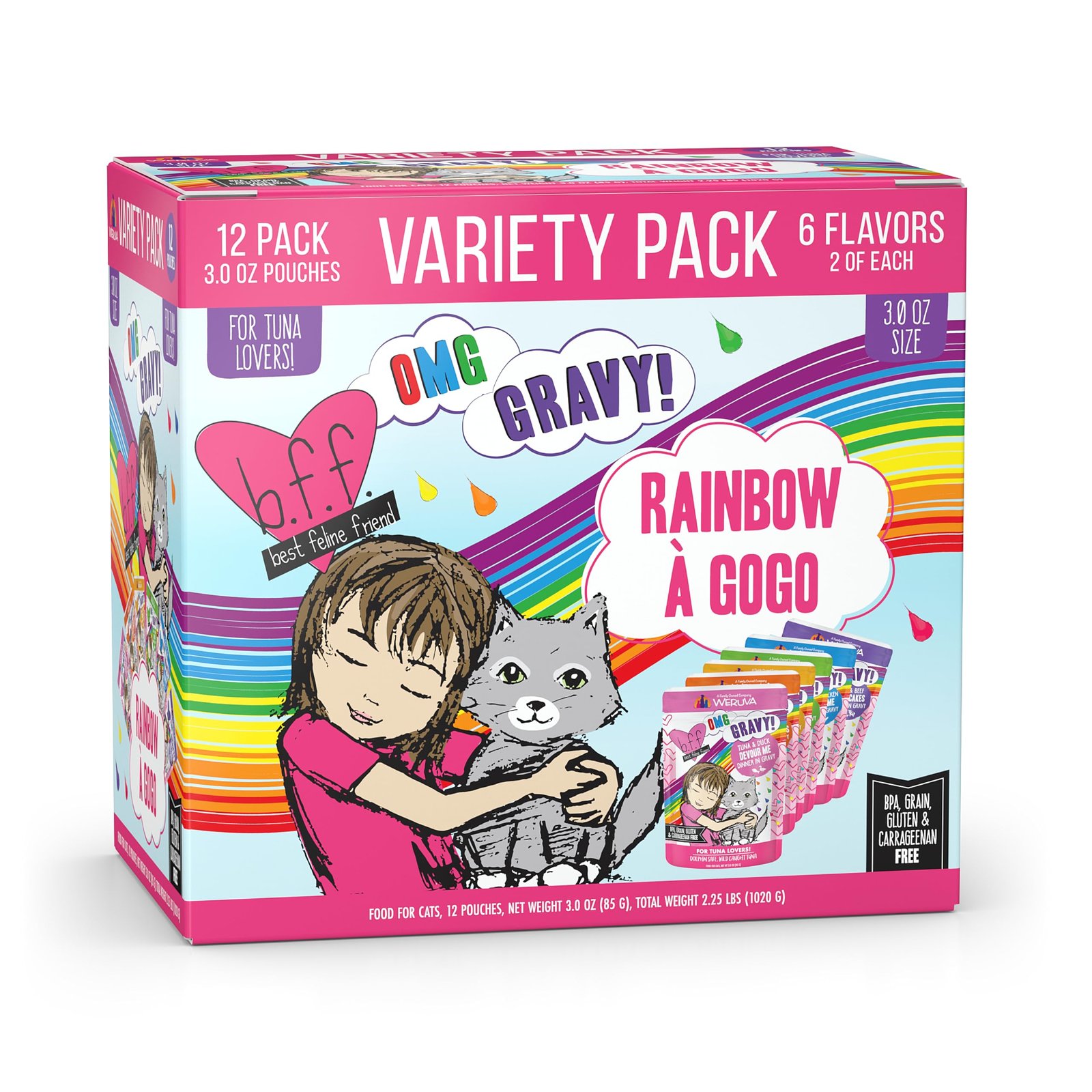Weruva B.F.F. OMG - Best Feline Friend Oh My Gravy Rainbow A Gogo Variety Pack Cat - 3oz | Pack of 12