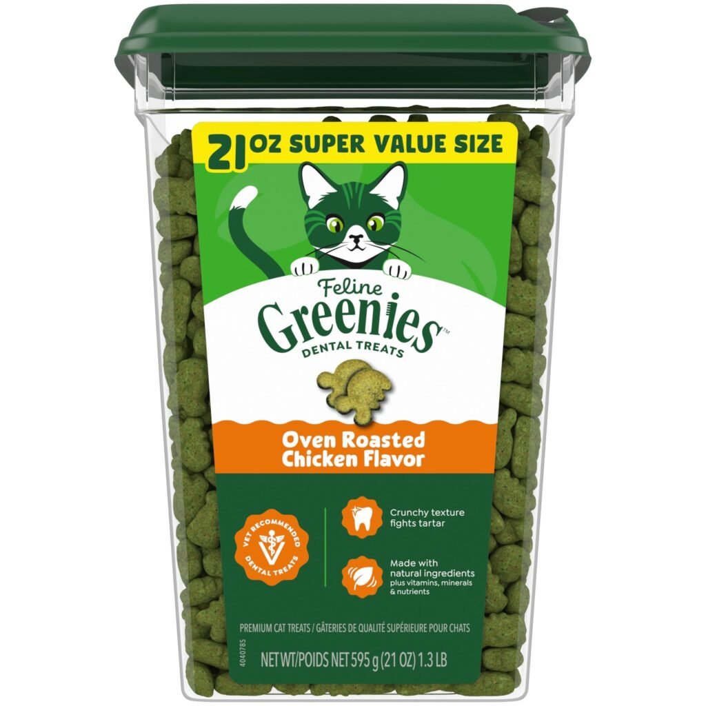 Greenies Cat Treats Feline Veterinarian-Recommended Adult Natural Dental Cat Treats Oven Roasted Chicken Flavor Tub - 21 oz