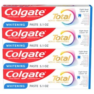 Colgate Total Whitening Toothpaste Paste, 5.1 oz, 4 Pack, Fluoride, Antibacterial, for Plaque, Gingivitis, Sensitivity, Stain Removal, Clinically Proven, Mint, Teeth Whitening, Stannous Fluoride