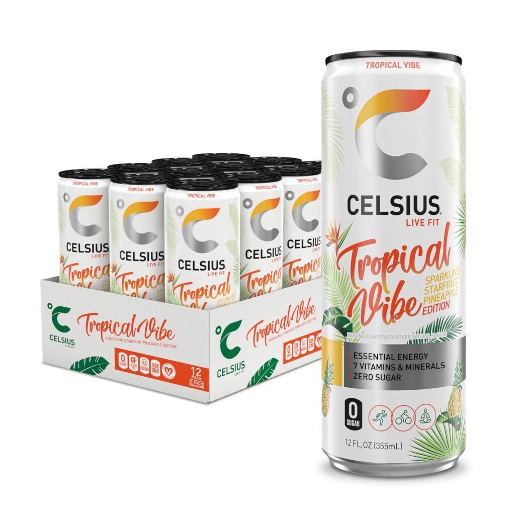 CELSIUS Sparkling Tropical Vibe, Functional Essential Energy Drink 12 Fl Oz, Pack of 12