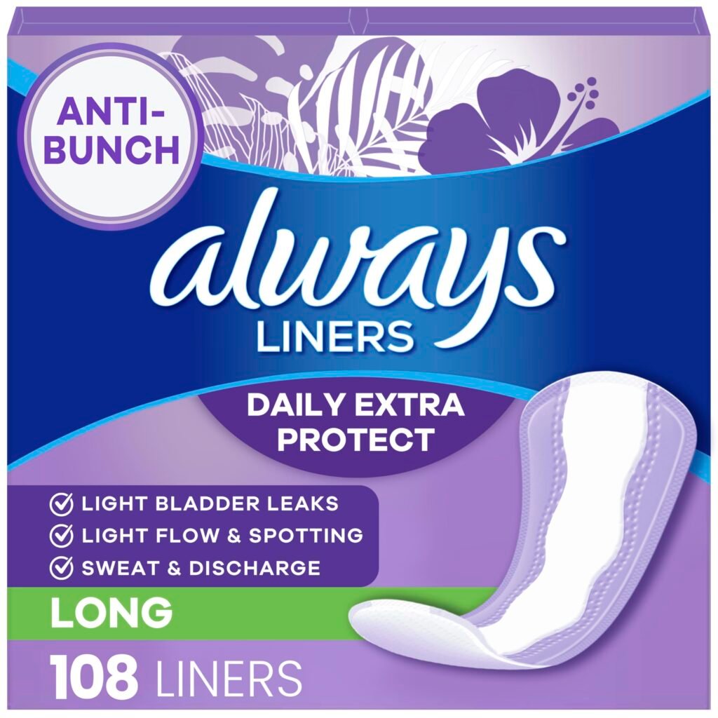 Always Panty Liners for Women Anti-Bunch Xtra Protection Daily Liners, Long, Unscented, 108 Count