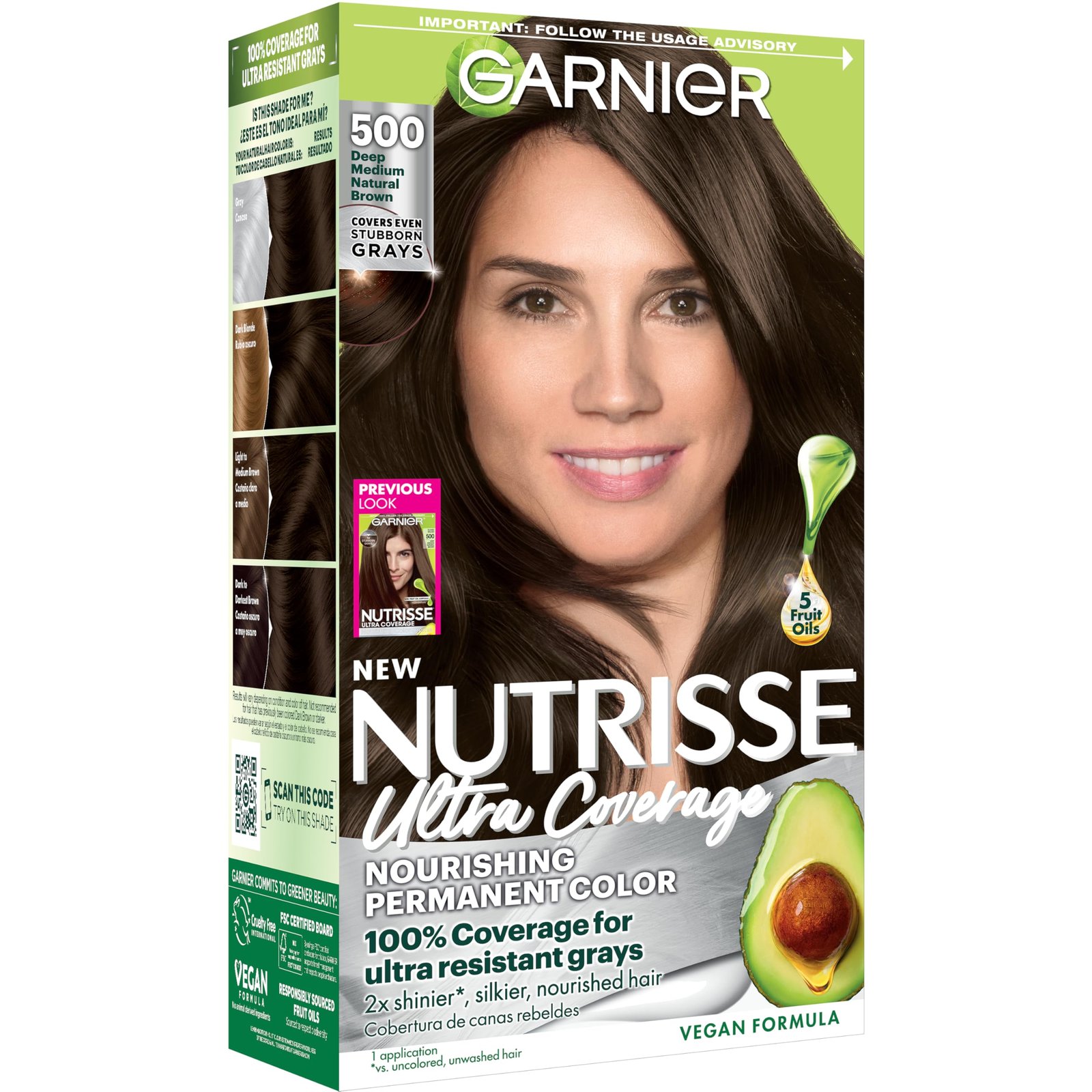 Nutrisse Ultra Coverage Hair Color, Permanent Hair Dye for Up to 8 Weeks of Stubborn Gray Coverage, Vegan & Cruelty-Free, 500 Deep Medium Natural Brown (Glazed Walnut), 1 Count