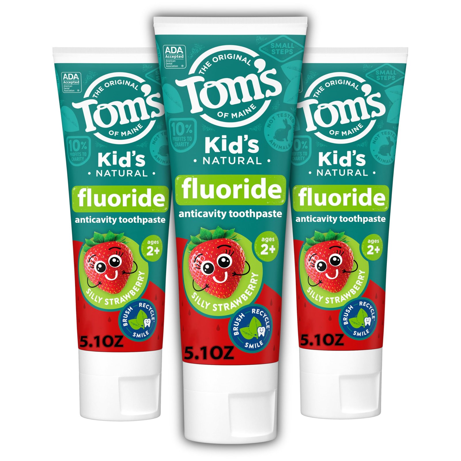 Tom's of Maine Fluoride Kids Toothpaste, Natural Toothpaste, Dye Free, No Artificial Preservatives, Silly Strawberry, 5.1 oz. 3-Pack (Packaging May Vary)