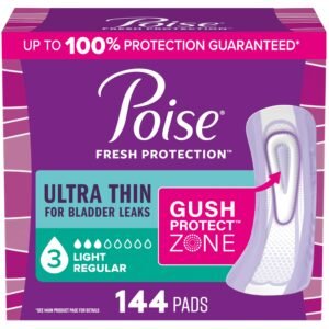 Poise Ultra Thin Incontinence & Postpartum Pads for Bladder Leaks, 3 Drop Light Absorbency, Regular Length, 144 Count (Packaging May Vary)