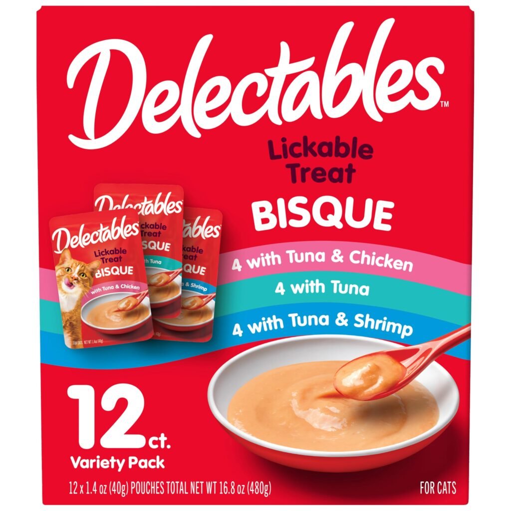 Delectables Bisque Lickable Wet Cat Treats - Chicken Tuna & Shrimp - Pack of 12