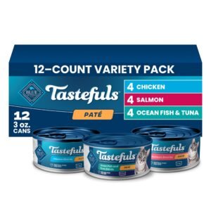 Blue Buffalo Tastefuls Wet Cat Food Pat Variety Pack Chicken Salmon Ocean Fish & Tuna for Adult - Pack of 12