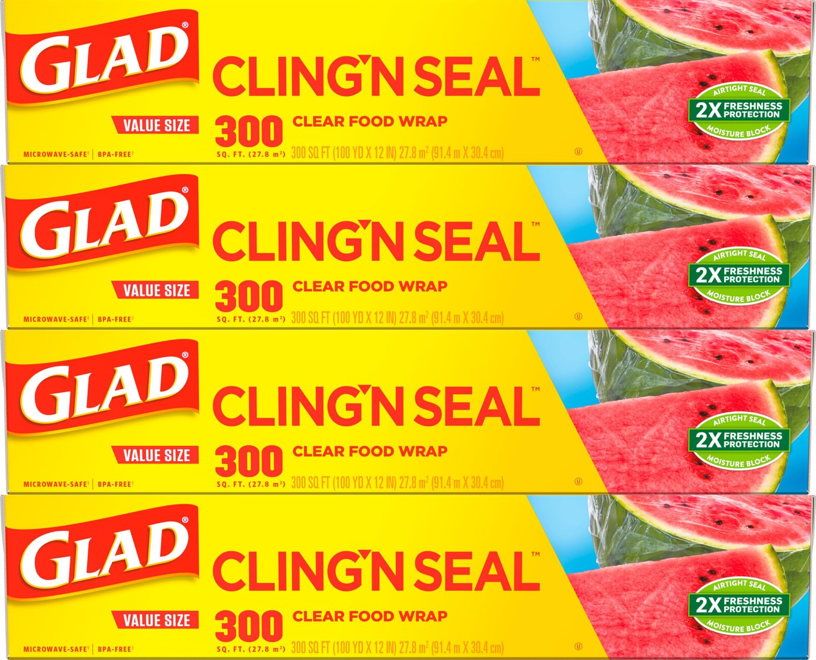 Glad Cling N Seal Plastic Wrap for Food, Airtight Seal, 300 Square Foot Roll, Pack of 4