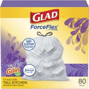 Glad ForceFlex Tall Kitchen Trash Bags, Gain Lavender, 13 Gallon, 80 Count