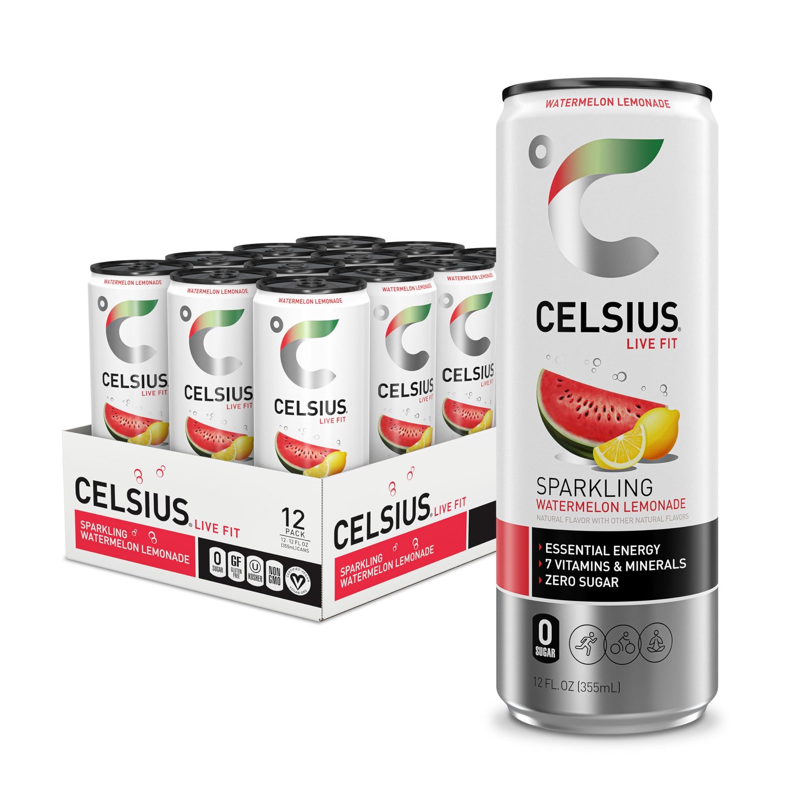 CELSIUS Sparkling Watermelon Lemonade, Sugar Free Energy Drink, 12 Fl Oz, Pack of 12