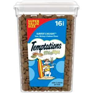 Temptations Cat Treats MixUps Surfer's Delight Tuna Shrimp Salmon Flavor Crunchy and Soft Cat Treats Tub - 16 oz
