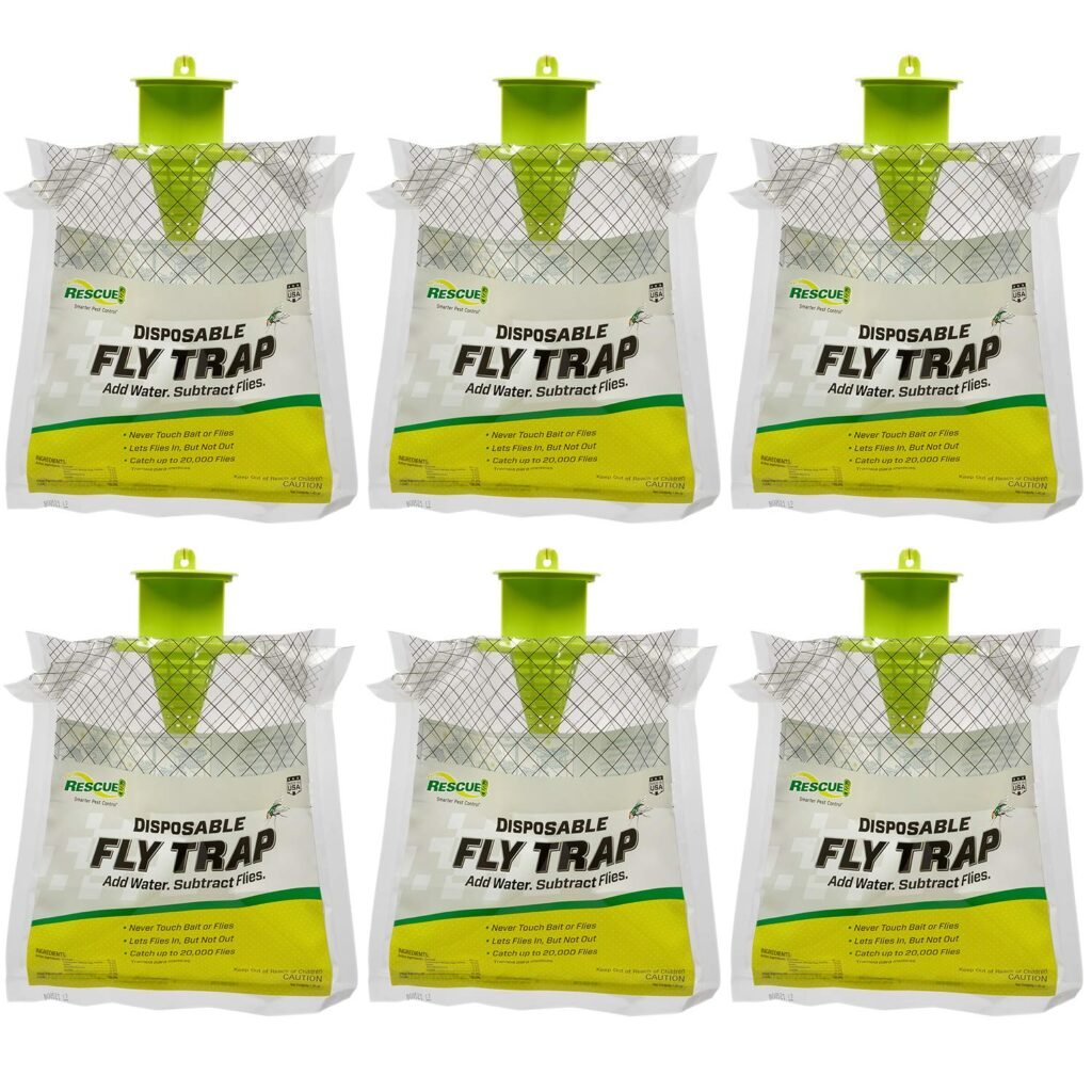 Rescue! Outdoor Disposable Fly Trap – Hanging Fly Catcher with Attractant Bait, 6 Traps