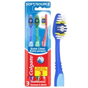 Colgate Extra Clean Toothbrush, Soft Toothbrush for Adults, 3 Count (Pack of 1)