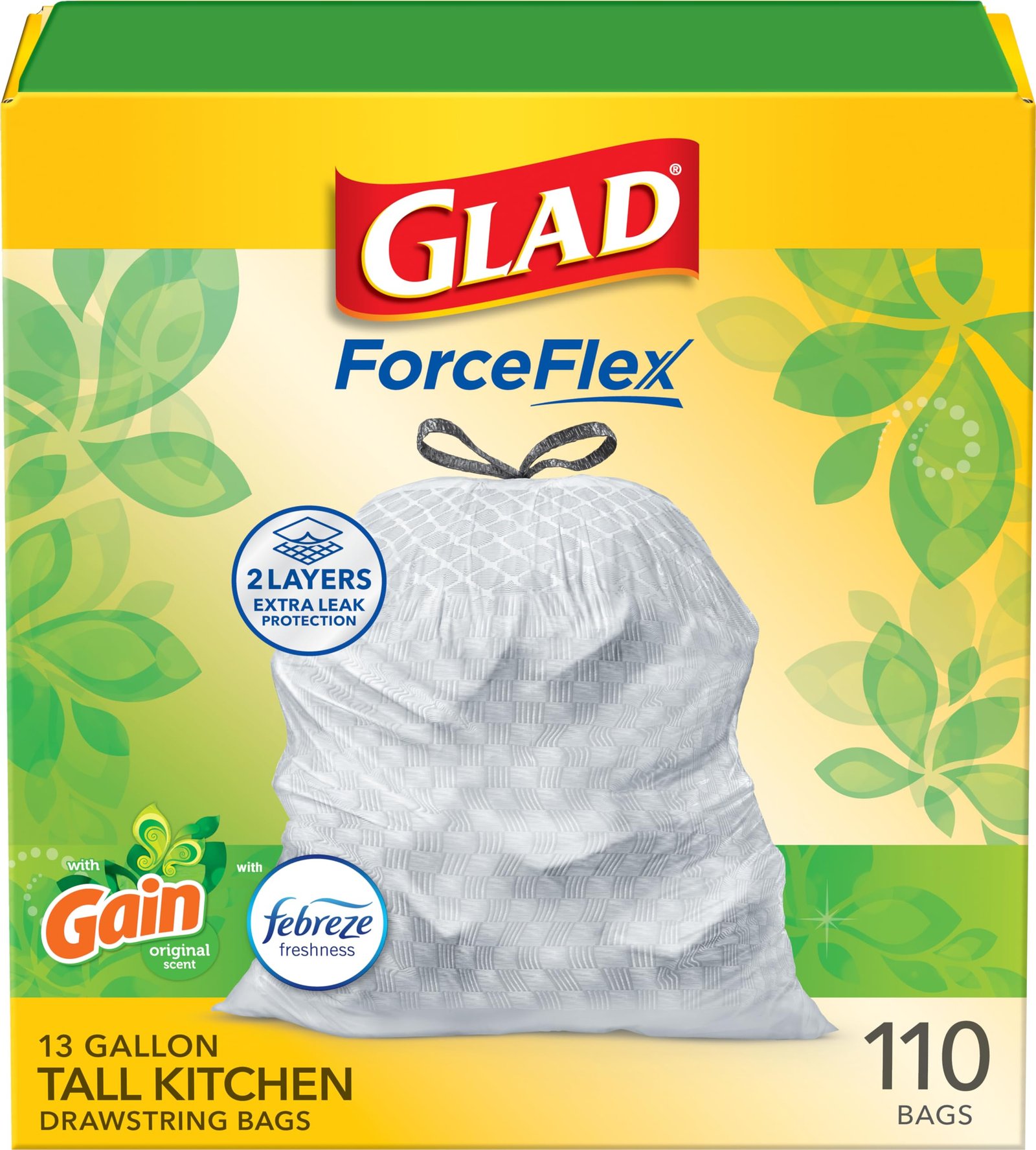 Glad ForceFlex Tall Kitchen Trash Bags, Gain with Febreze, 13 Gal
