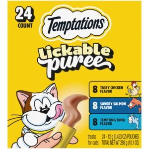 Temptations Creamy Puree Squeezable Lickable Cat Treats Wet Cat Treats with Chicken Salmon and Tuna Variety - 0.42 oz | Pack of 24