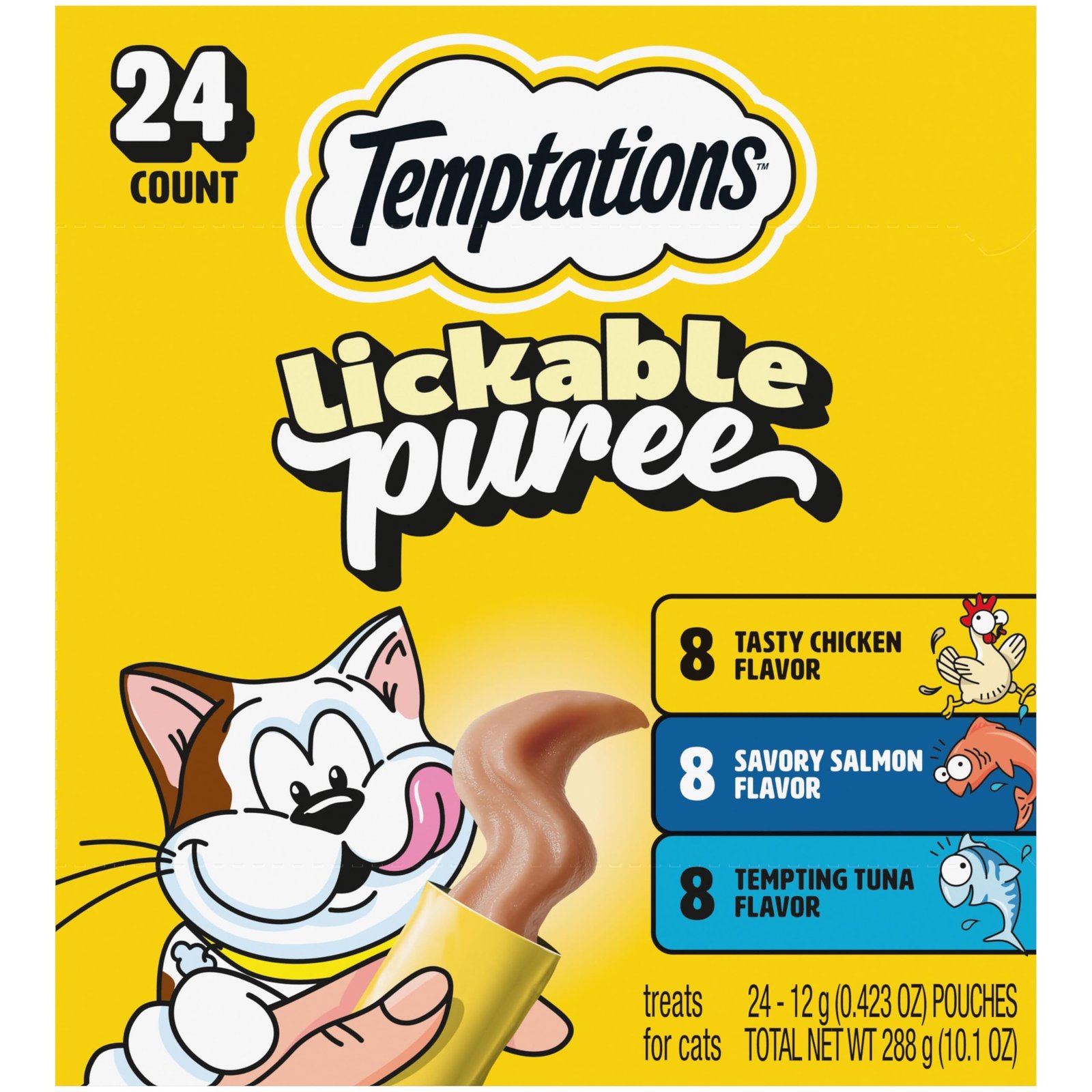Temptations Creamy Puree Squeezable Lickable Cat Treats Wet Cat Treats with Chicken Salmon and Tuna Variety - 0.42 oz | Pack of 24