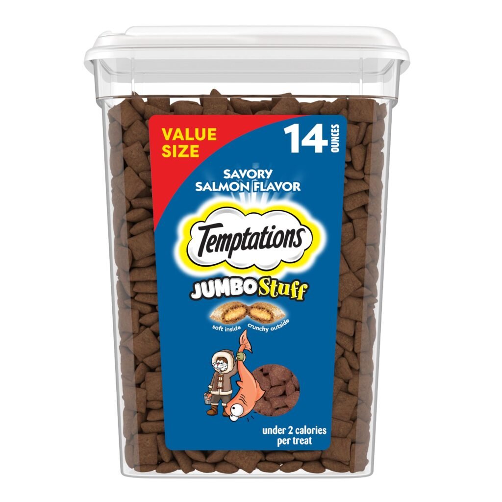Temptations Jumbo Stuffed Cat Treats Crunchy and Soft Cat Treats Savory Salmon Flavor Tub - 14 oz