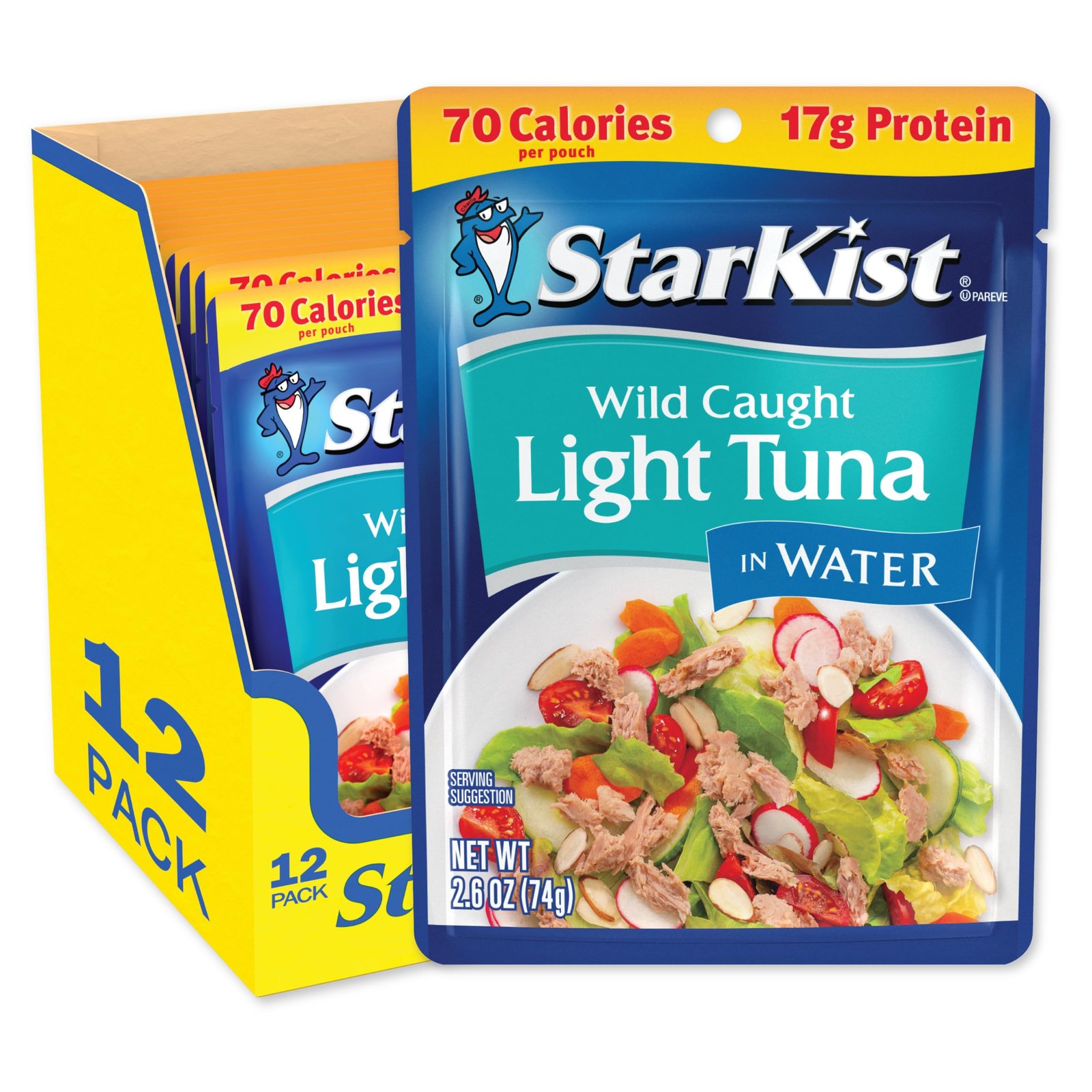 Light Tuna in Water Pouch, 2.6 oz - 12 Pack Ready to Eat, Wild Caught, 17g Protein Per Serving