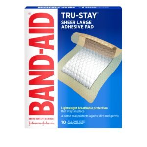Band-Aid, Brand Tru-Stay Adhesive Pads, Large Sterile Sheer Bandages for First Aid and Wound Care, Large Pad Covers and Protects Minor Cuts, Scrapes and Burns, Lightweight, Large Size, 10 Count