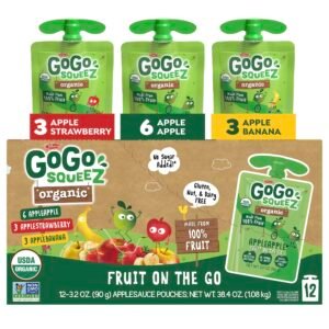 No Sugar Added Organic Applesauce and Fruit Puree, Variety Pack, Apple, 3.2 oz Pouches, Pack of 12