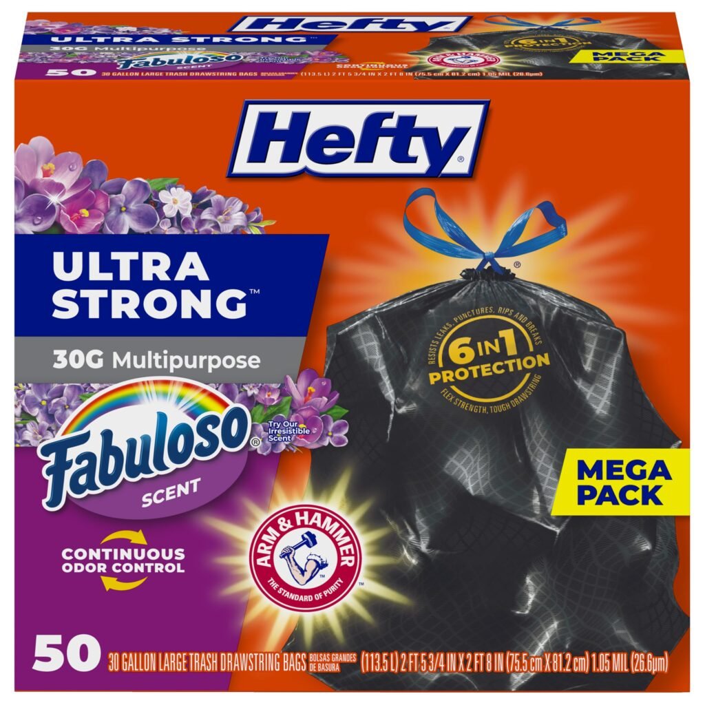 Hefty Ultra Strong 30 Gallon Trash Bags, Black, Fabuloso Scent, 50 Bags
