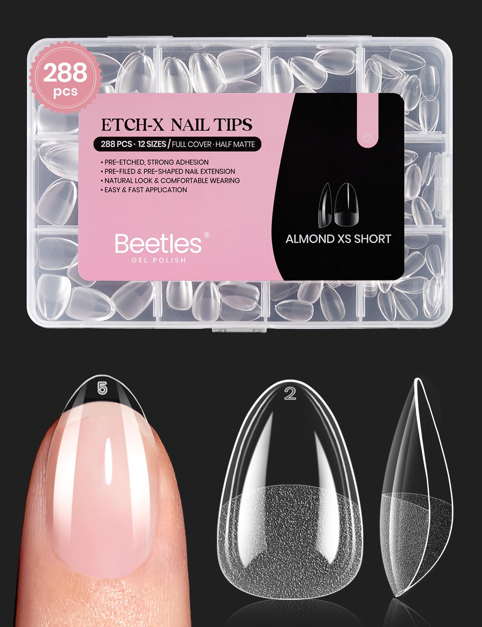 Beetles Extra Short Almond Nail Tips - Glue Needed, 288 PCS