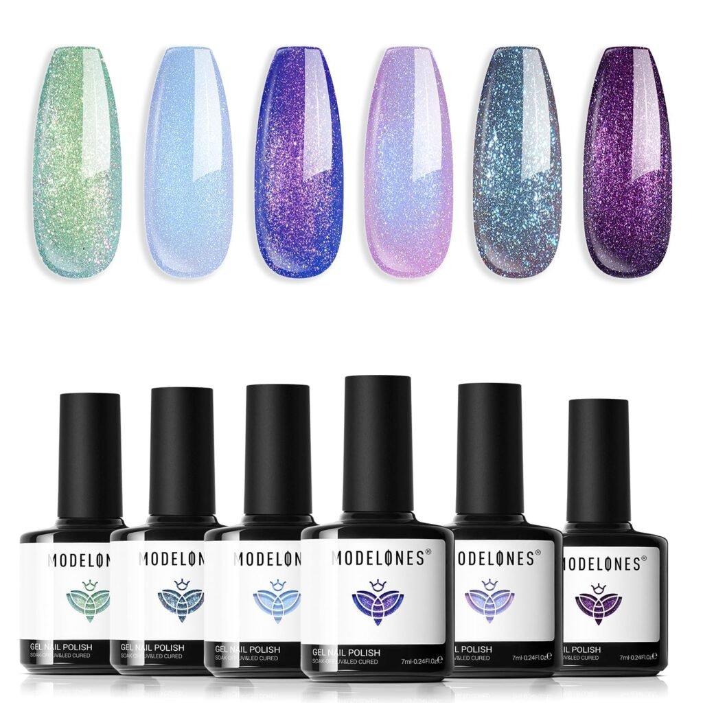 modelones Gel Nail Polish Set- 6 Colors 2026 Chameleon Aurora Shimmer Glitter Gel Polish Kit Blue…
